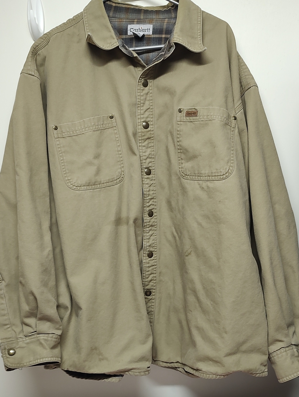 Distressed Carhartt Men's Tan Lightweight Flannel Lined Shirt Jacket